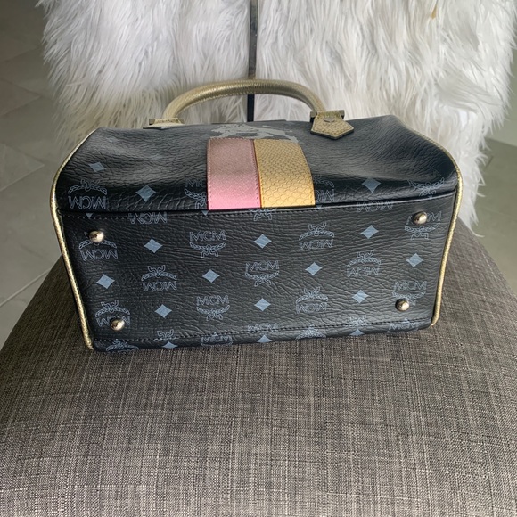 MCM Black Logo Leather Satchel with Gold Handles and Pink, Tan, Cream Panels - Picture 10 of 12